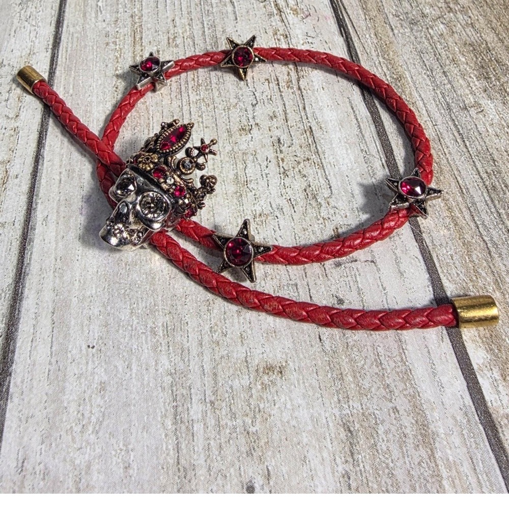 Alexander McQueen Red Braided Leather Skull Crown Star Wrap Bracelet Made Italy - Picture 11 of 11